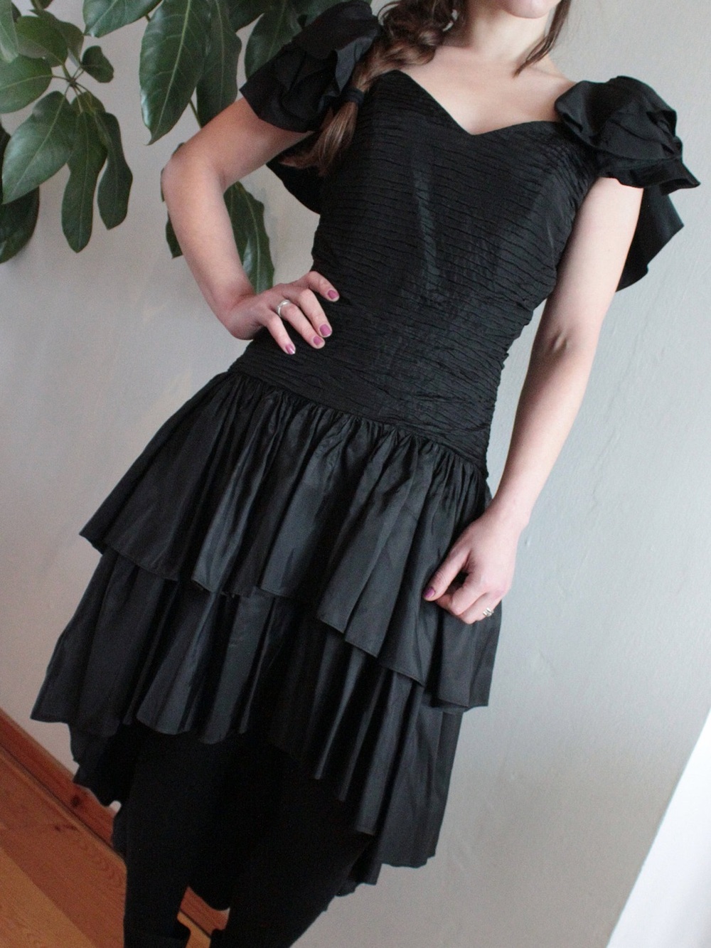 Vintage Niki Lavis Black High-Low Tiered Puff-Sleeve Dress